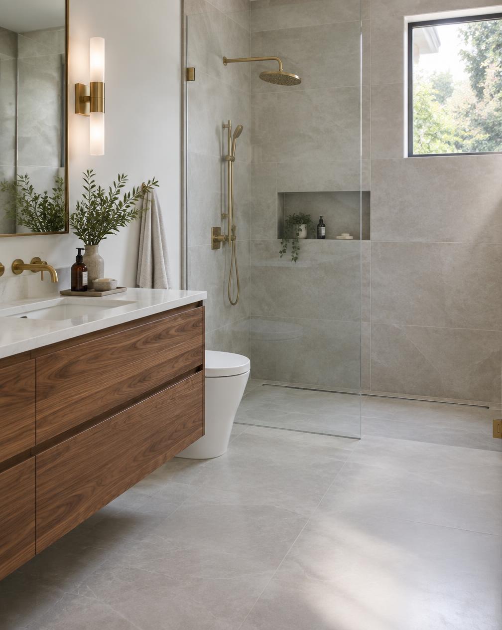 Light tiled bathroom with a floating walnut vanity and glass shower