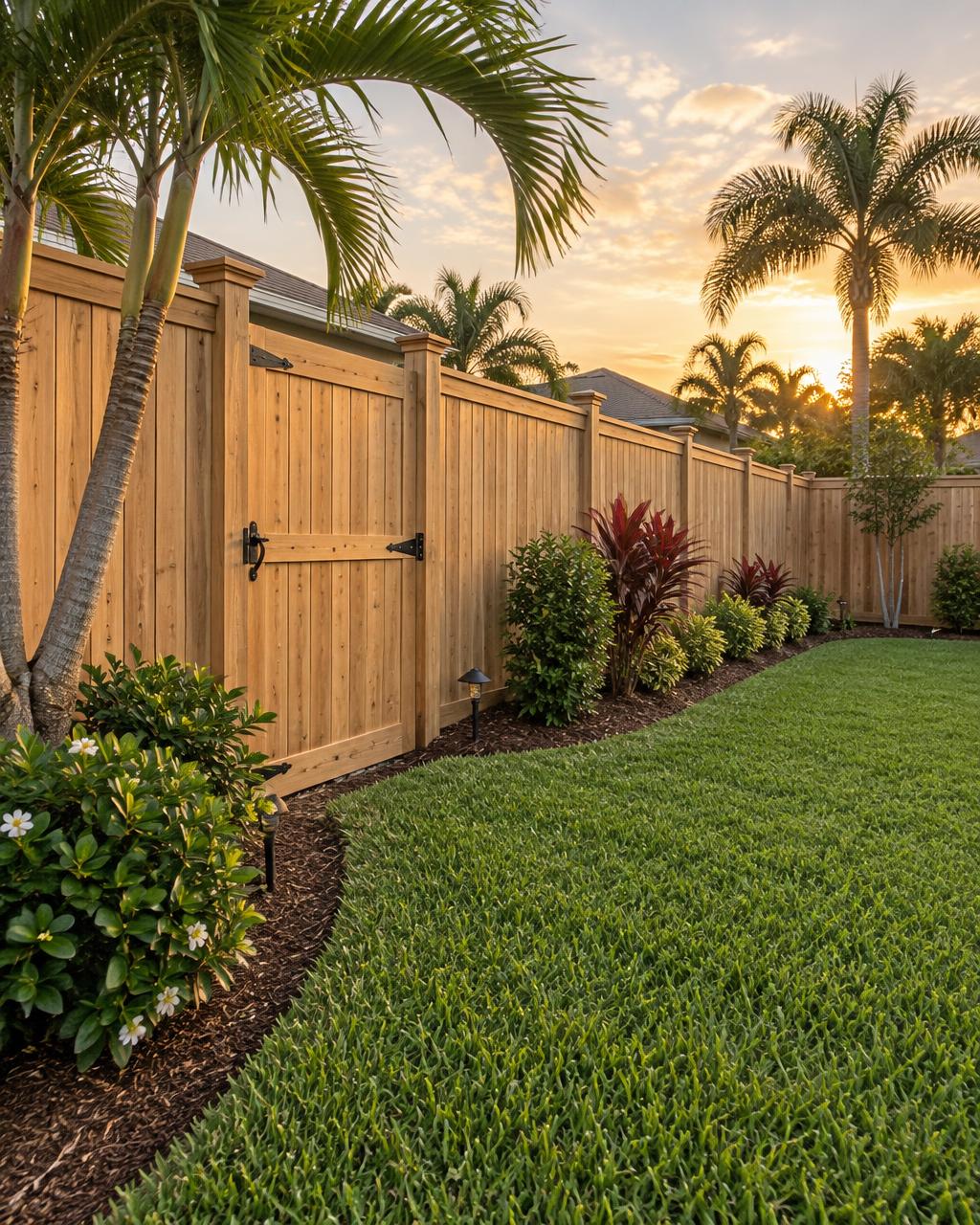 Cedar privacy fence with a gated entry in a landscaped backyard at sunset