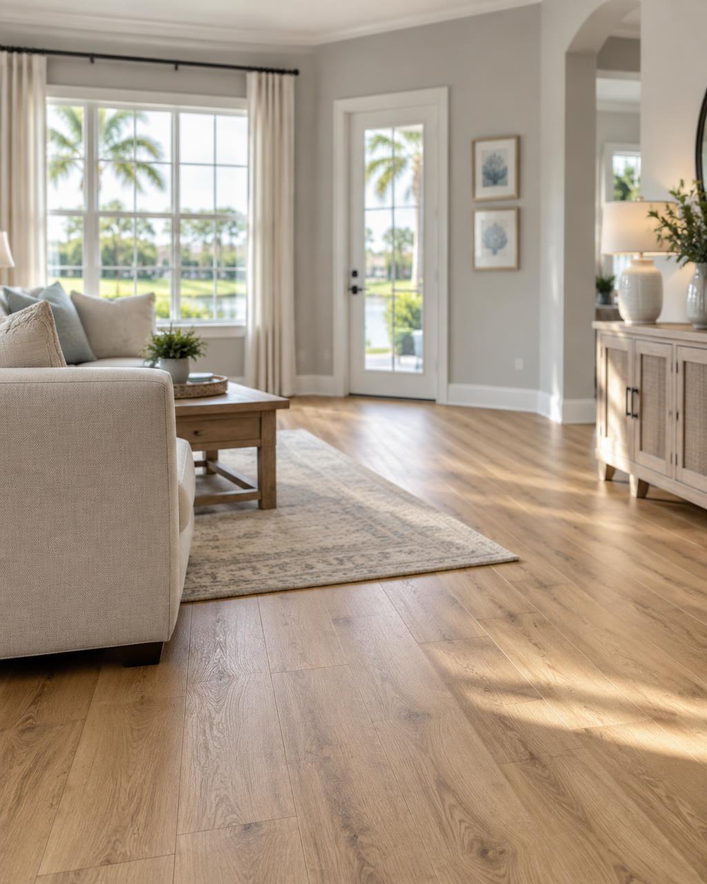 Bright living room with newly installed honey-toned plank flooring