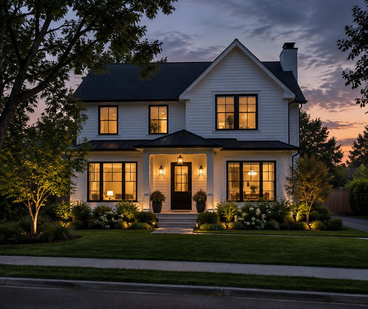 Renovated two-story home with fresh siding and warmly lit windows at dusk